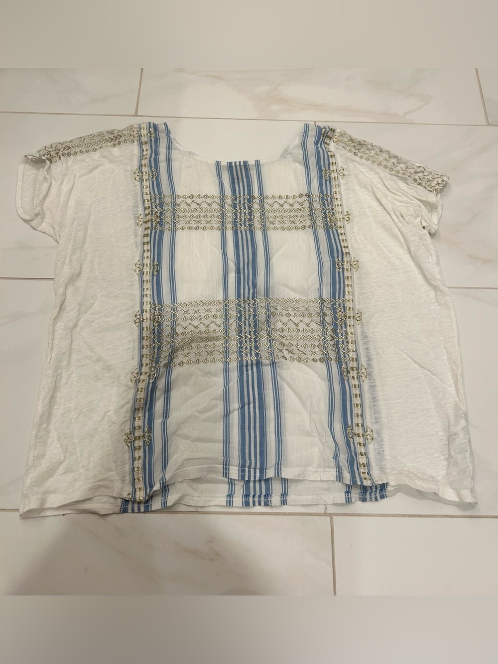 J. Crew White Top with Light Blue Stripes and Embroidered Detail